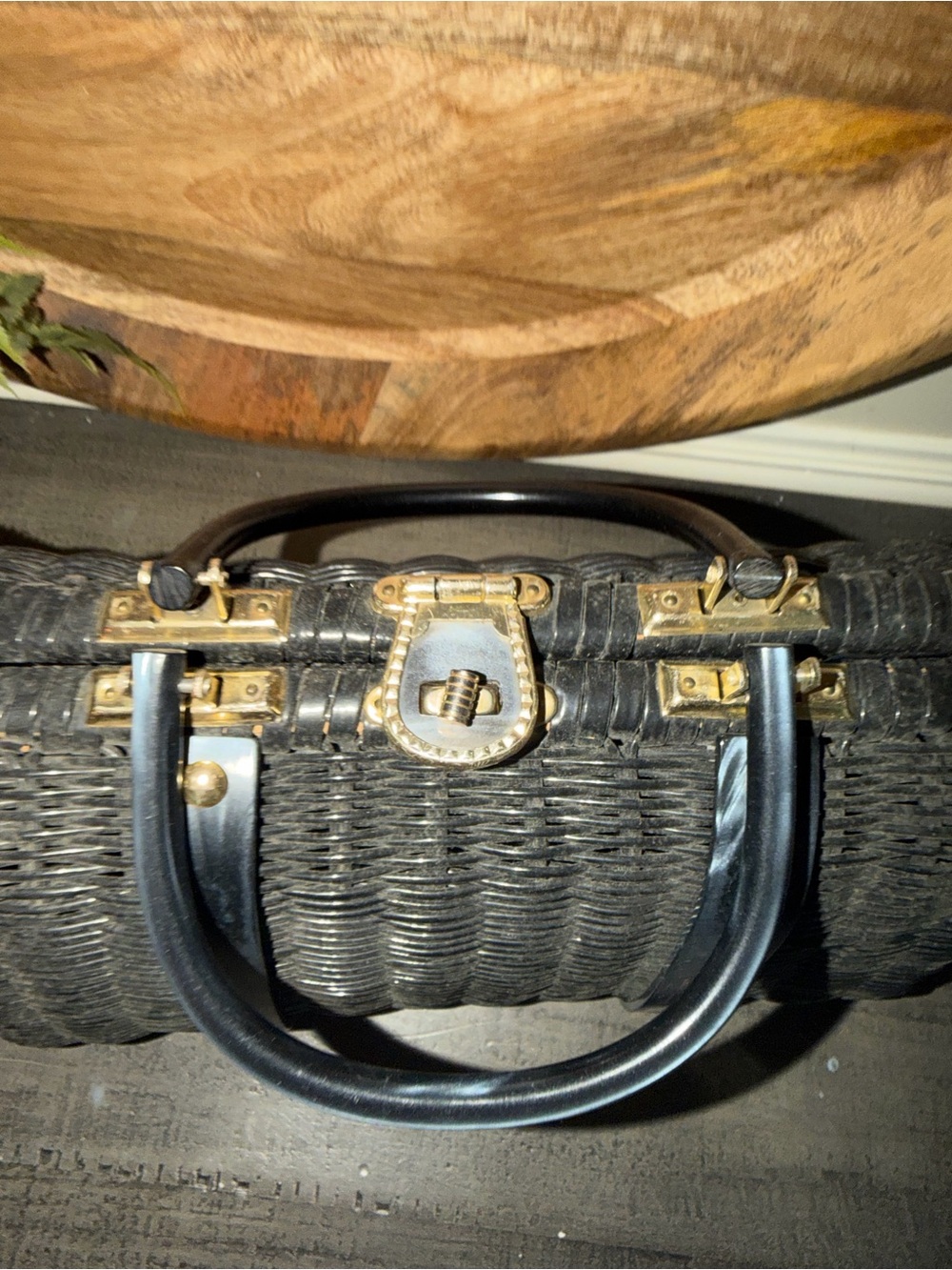 Vintage 1950s -60s Hand Made British Hong Kong Rattan Wicker Purse Black Lucite - Picture 4 of 11